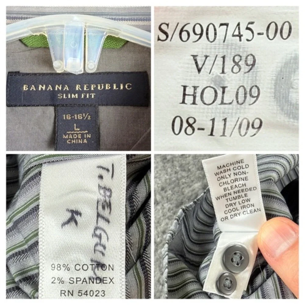 Banana Republic Men's L 16-16 1/2 Grey Green Slim Fit Striped Button Down Shirt